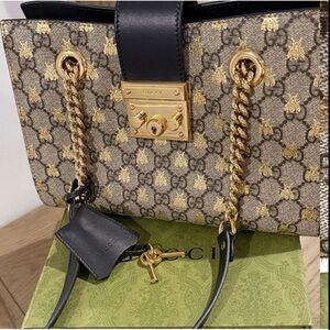 Gucci Beige and Black Shoulder Bag with Gold Accents